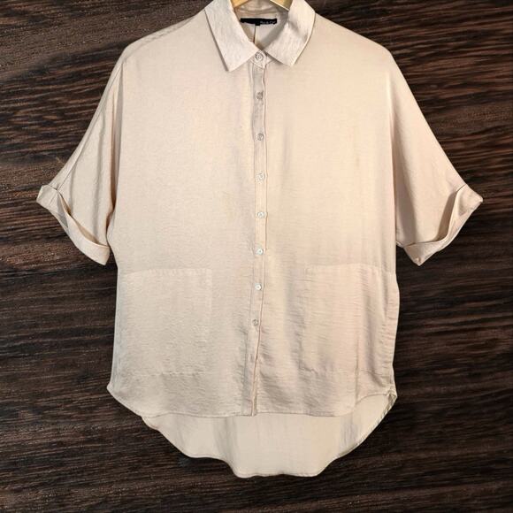 Ro&De Lagenlook Tunic Top Sz M Hi Low Pockets Beige Raglan Short Sleeve Slouchy - Picture 3 of 8